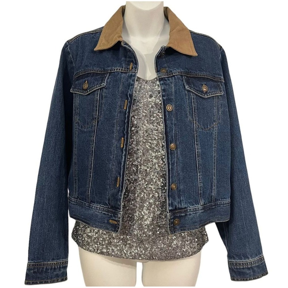 Denim Trucker Jean Jacket Womens 8 Tan Collar Button Front Blue Wash